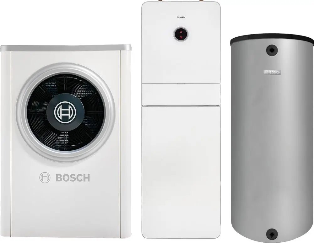 Wärmepumpenanlage bestehend aus einem Außengerät mit Ventilator und zwei Inneneinheiten, eine in Weiß, die andere zylinderförmig und silberfarbig, beide markiert mit Bosch-Logo.